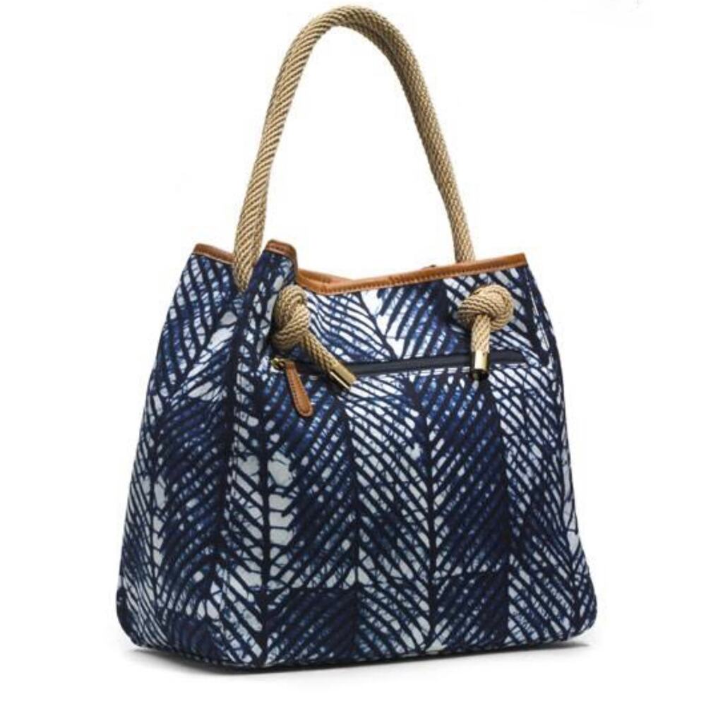 Michael Kors Marina Grab Bag - Navy Cobweb Stripe Canvas Purse Handbag Rope Knot